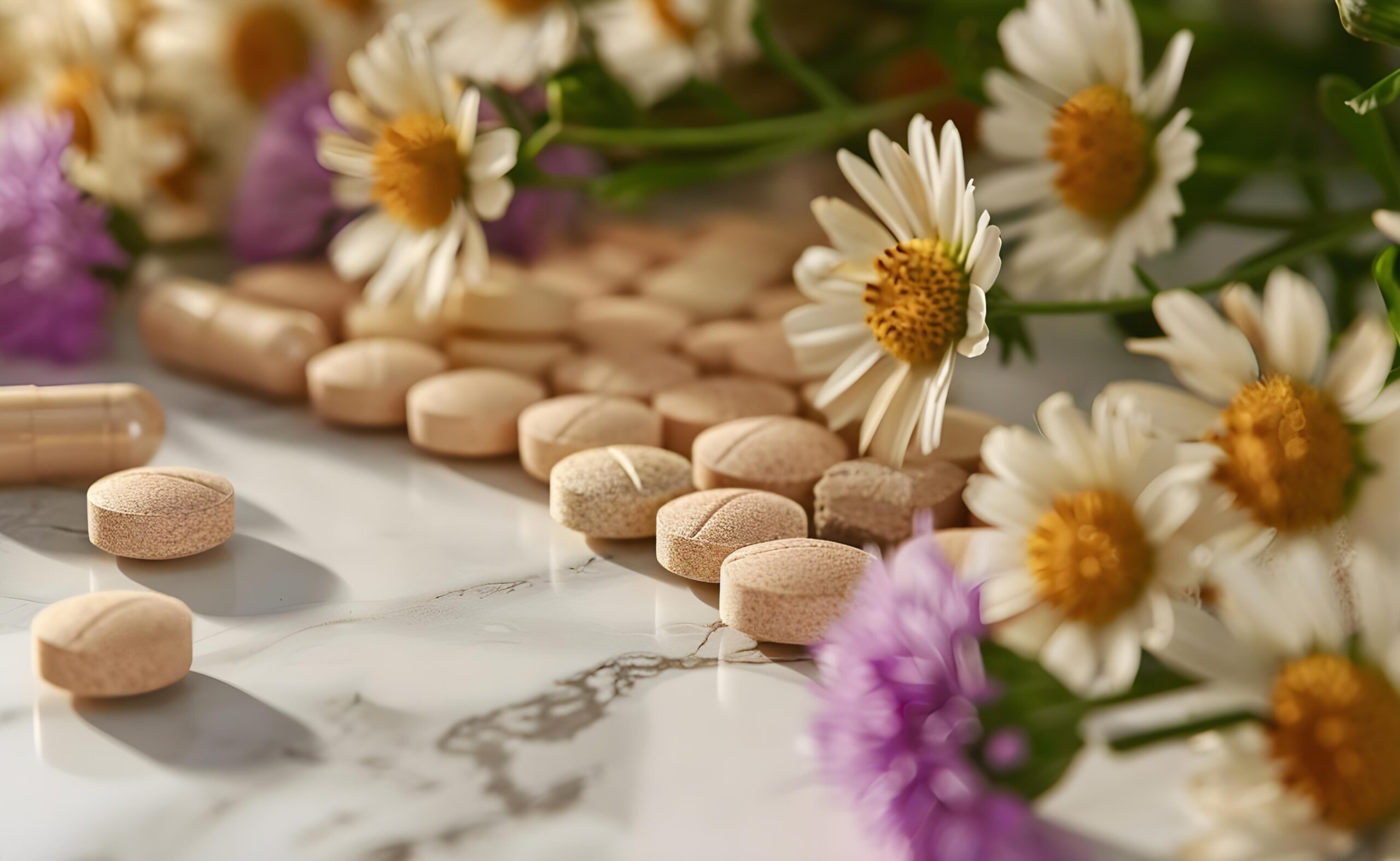 Herbal supplements with fresh flowers symbolizing natural health